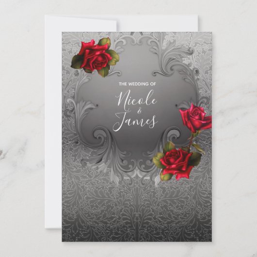 Zilverornamentaal  Fancy rood rozenhuwelijk Kaart (Voorkant)