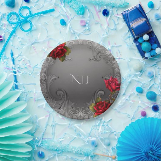 Zilverornamentaal  Fancy rood rozenhuwelijk Papieren Bordje (Feest)