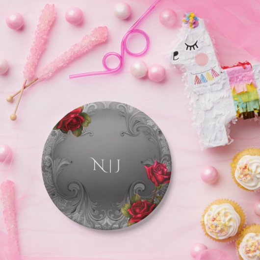 Zilverornamentaal  Fancy rood rozenhuwelijk Papieren Bordje (Feest)