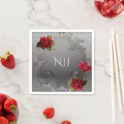 Zilverornamentaal Fancy rood rozenhuwelijk Servetten (Insitu)