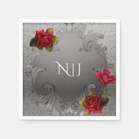 Zilverornamentaal Fancy rood rozenhuwelijk Servetten (Voorkant)