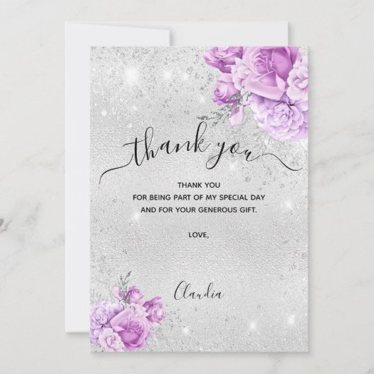 Zilverroze floralen dank u de kaart (Voorkant)