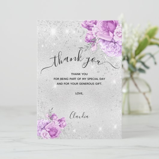 Zilverroze floralen dank u de kaart (Staand voorkant)