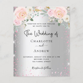 Zilverroze floralen glitter bruiloft flyer