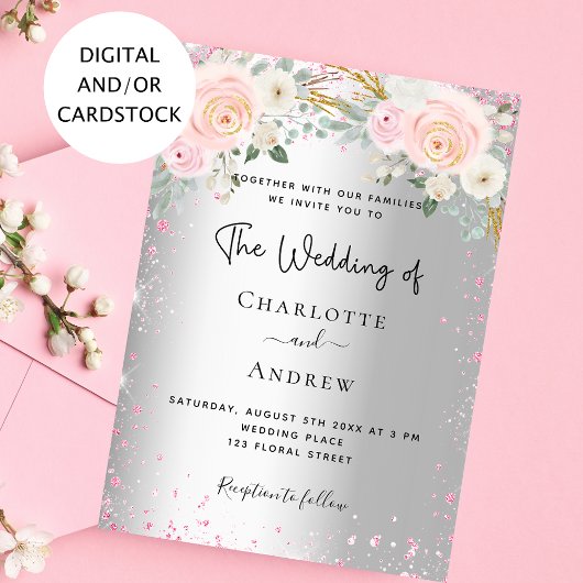 Zilverroze floralen glitter elegant bruiloft kaart