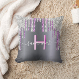 Zilverroze glitter paarse spartelscriptnaam kussen