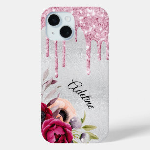 Zilverroze glitterbloemen iPhone 15 case