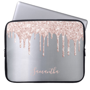 Zilverroze glitterdrip metaalnaam girly laptop sleeve