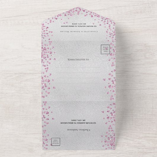 Zilverroze harten elegante bruiloft all in one uitnodiging (Buitenkant)