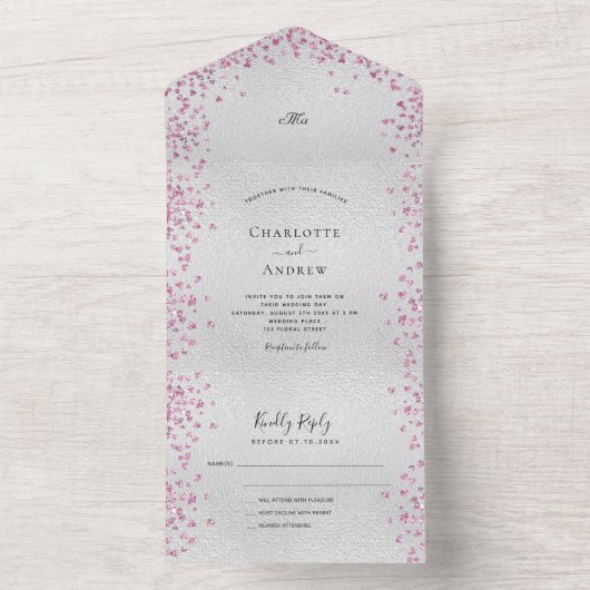 Zilverroze harten elegante bruiloft all in one uitnodiging (Binnen)