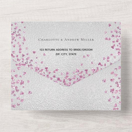 Zilverroze harten elegante bruiloft all in one uitnodiging (Achterkant)