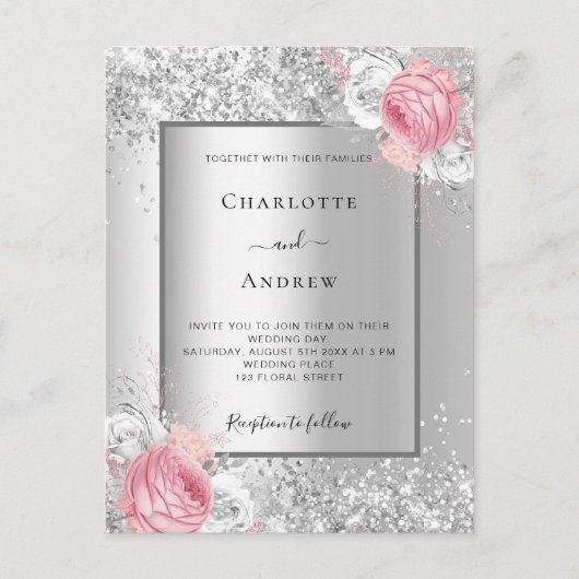 Zilverroze witte floralen elegante bruiloft uitnodiging briefkaart (Voorkant)