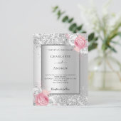 Zilverroze witte floralen elegante bruiloft uitnodiging briefkaart (Staand voorkant)