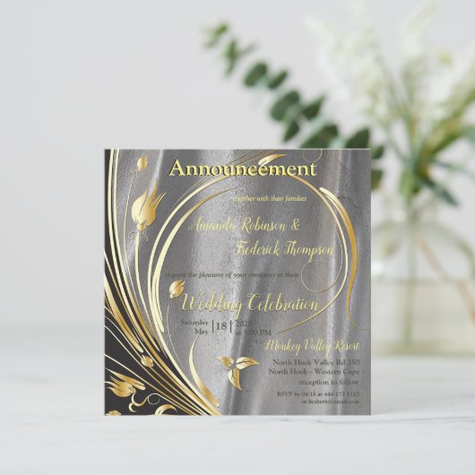 Zilversatin & goudbloem-splendor aankondiging (Staand voorkant)