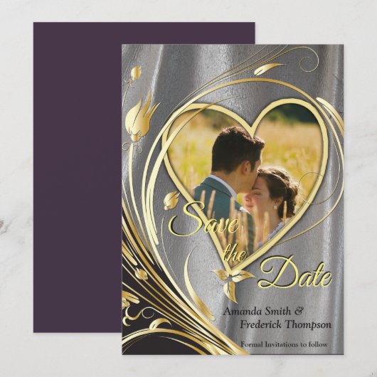 Zilversatin & goudbloem-splendor save the date (Voorkant / Achterkant)