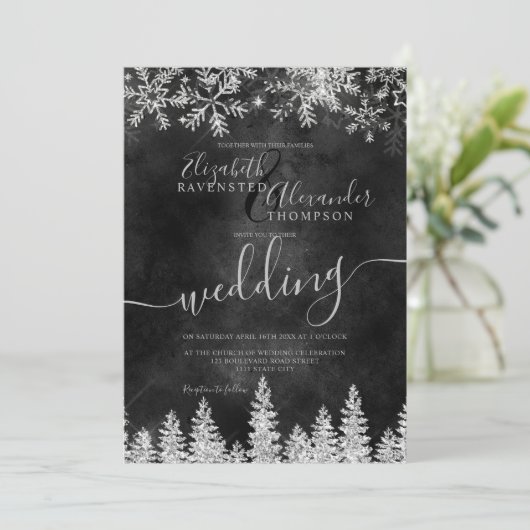 Zilversneeuw met zwarte kerstwinter bruiloft kaart (Staand voorkant)