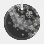 Zilversneeuwvlokken en -lichten op zwart glas ornament (Voorkant)