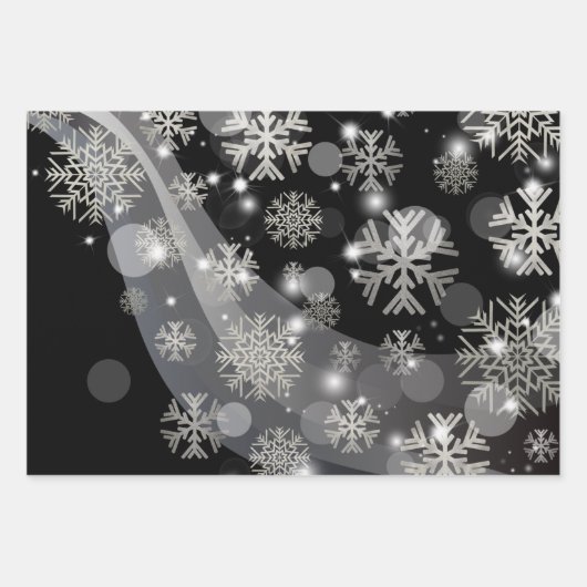 Zilversneeuwvlokken en -lichten op zwart inpakpapier vel (Voorkant 3)