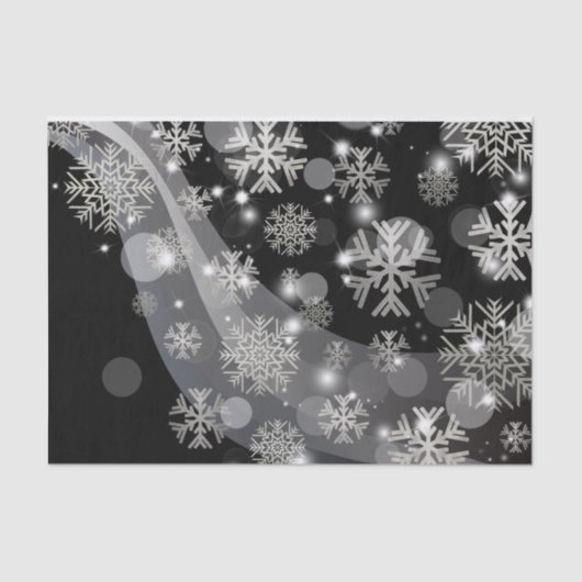 Zilversneeuwvlokken en -lichten op zwart tissuepapier (Voorkant)