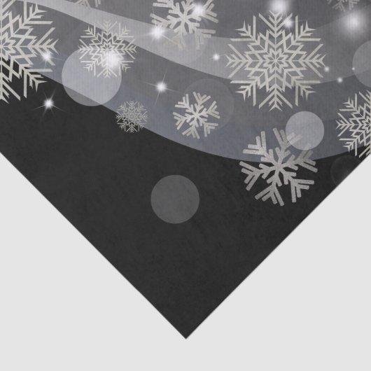 Zilversneeuwvlokken en -lichten op zwart tissuepapier (Detail)