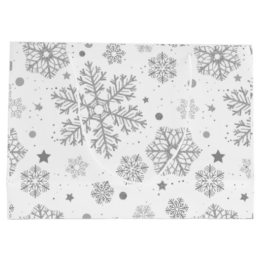 Zilversneeuwvlokken op wit groot cadeauzakje (Achterkant)
