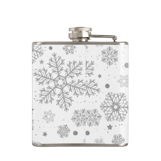 Zilversneeuwvlokken op wit heupfles (Achterkant)