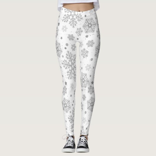 Zilversneeuwvlokken op wit leggings (Voorkant)