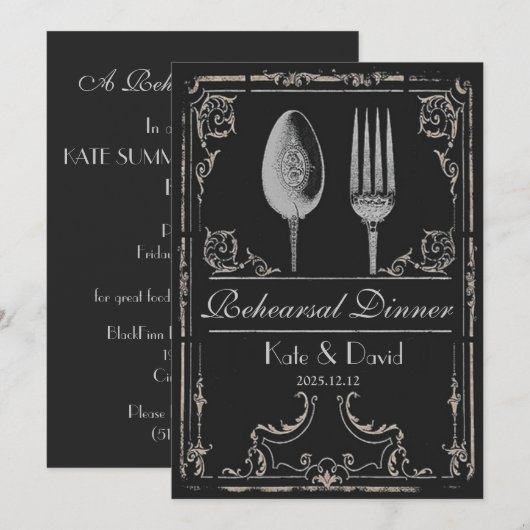 Zilverspon Fork Rehearsal Dinner Kaart (Voorkant / Achterkant)
