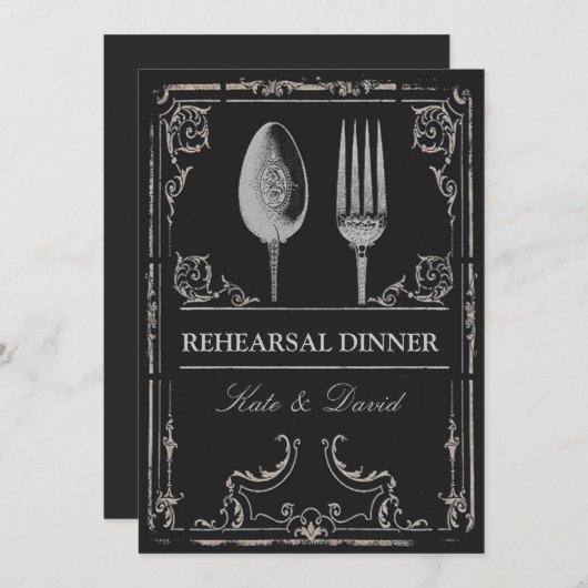 Zilverspon Fork Rehearsal Dinner Kaart (Voorkant / Achterkant)