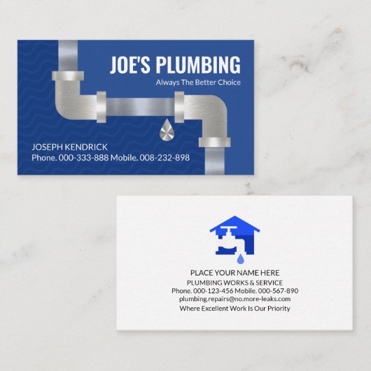 Zilversteker Leidingleiding Blauwe Bloedwatersprop Visitekaartje (Voorkant / Achterkant)