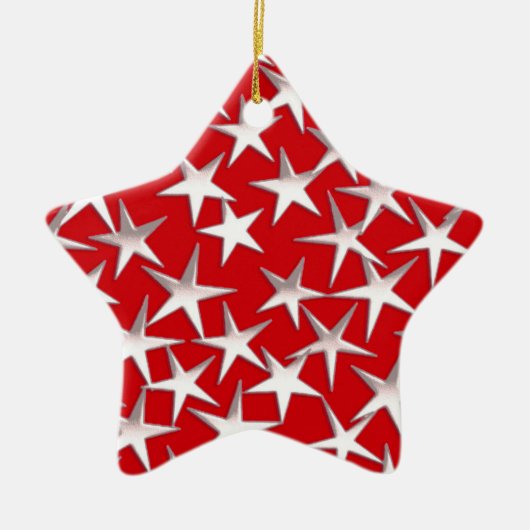 Zilversterren op donkerrood keramisch ornament (Voorkant)