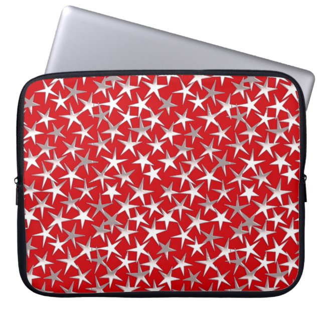 Zilversterren op donkerrood laptop sleeve (Voorkant)