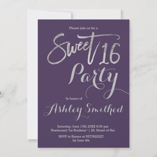 Zilvertypografie paars simpel Sweet 16 Kaart (Voorkant)
