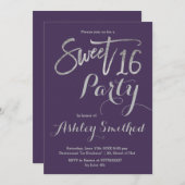Zilvertypografie paars simpel Sweet 16 Kaart (Voorkant / Achterkant)
