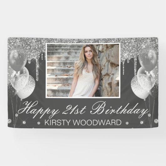 Zilvervormer Glitter met ballonnen op zaterdag Spandoek (Horizontaal)