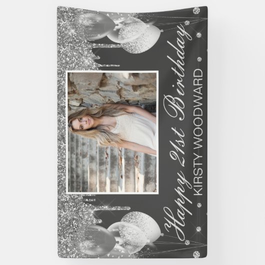 Zilvervormer Glitter met ballonnen op zaterdag Spandoek (Verticaal)