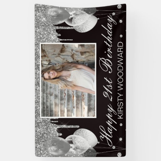 Zilvervormer Glitter met ballonnen op zaterdag Spandoek (Verticaal)