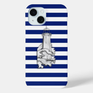 Zilvervormer vuurtoren op blauw niervluchten iPhone 15 case