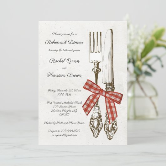 Zilverwerk en rood geruit repetitie diner kaart (Staand voorkant)
