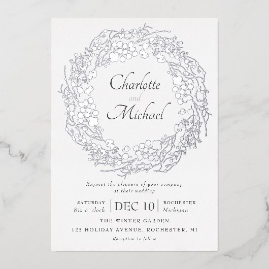 Zilverwinterbessen met een grote bruiloft folie uitnodiging (Voorkant)