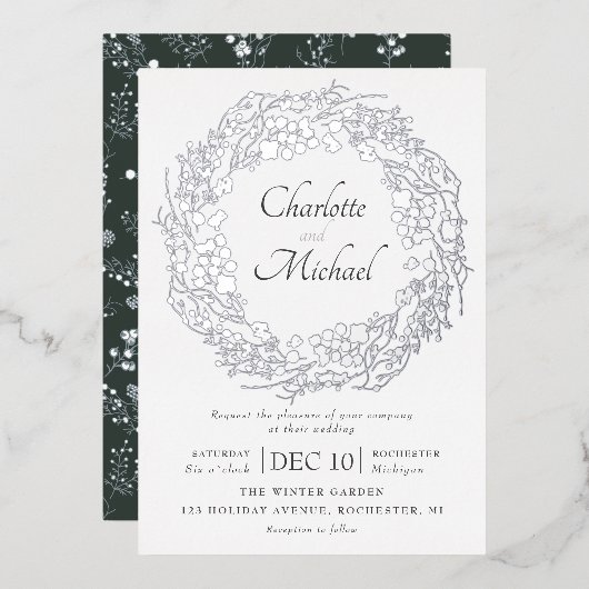 Zilverwinterbessen met een grote bruiloft folie uitnodiging (Voorkant / Achterkant)