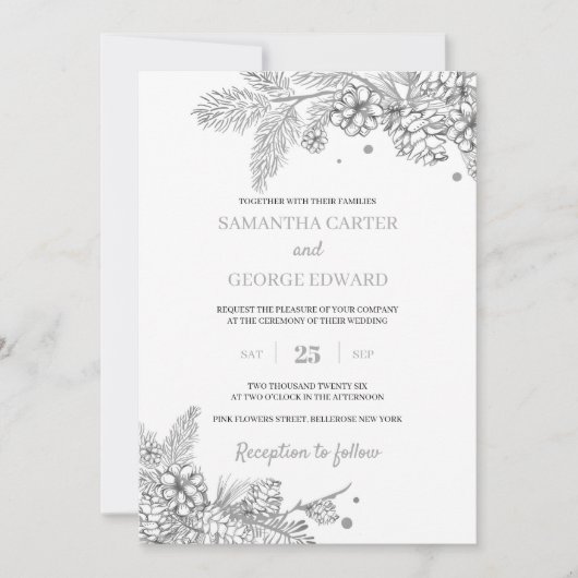 Zilverwinterdenden en connen moderne bruiloft kaart (Voorkant)