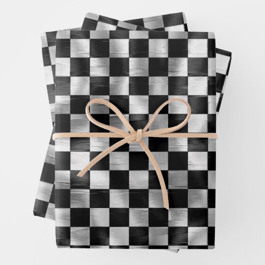 Zilverwit zwart metallic vierkant patroon inpakpapier vel (In situ)