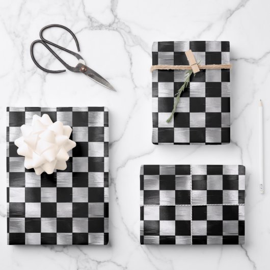 Zilverwit zwart metallic vierkant patroon inpakpapier vel (Voorkant)