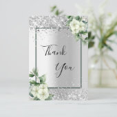 Zilverwitte florale glitter elegant glamoureus bedankkaart (Staand voorkant)