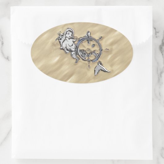 Zilverzeemeermin in de zand ovale sticker (Tas)