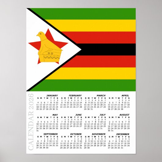 Zimbabwe 2026 Calendar, Large, Zimbabwe Flag Poster (Voorkant)