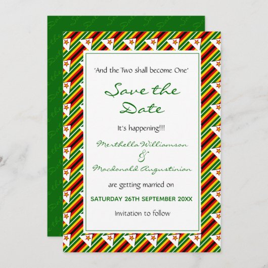 ZIMBABWE VLAG Gepersonaliseerd Schrift HET GEBEURT Save The Date (Voorkant / Achterkant)