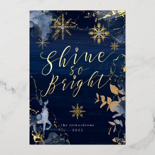 Zin zo'n heldere goudsneeuwvlokken en rendieren folie feestdagenkaart (Voorkant)