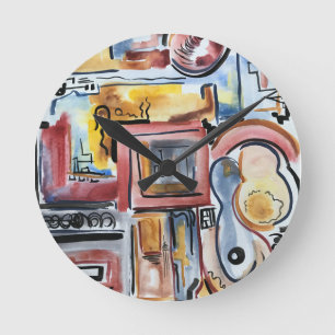 Zingen in de keuken - Abstracte aquarel kunst Ronde Klok